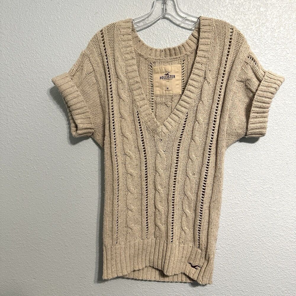 Hollister Sweater Womens Medium Beige Cable Knit V Neck Pullover Y2K Cuffed